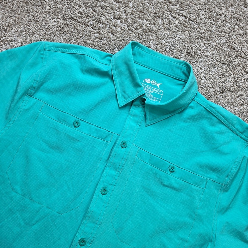 Silver Bait Fishing Shirt Mens M Teal Short‎ Sleeve Button Up Performance Short